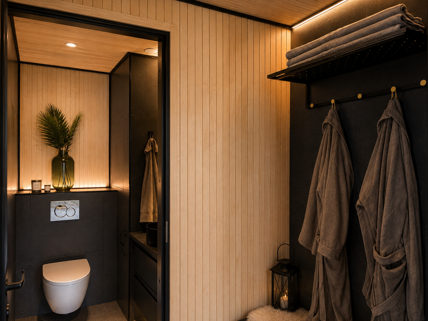 Dressing room in pale timber with a glimpse into the warm-lit washroom