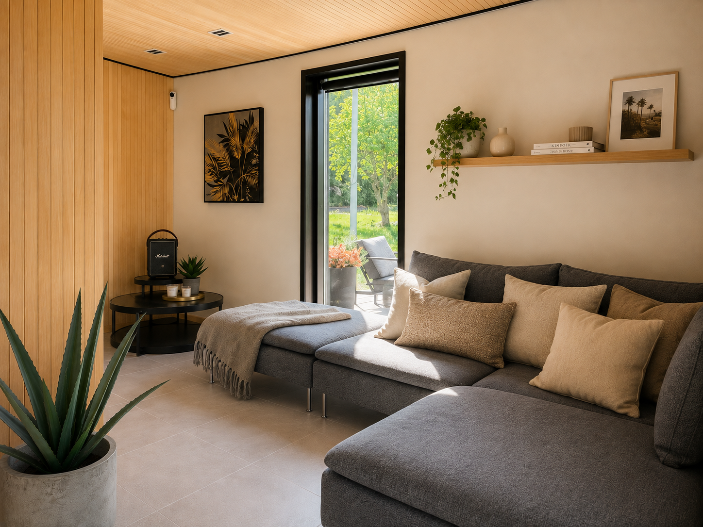 Sitting room of the sauna house with a grey sofa, soft cushions and evening light
