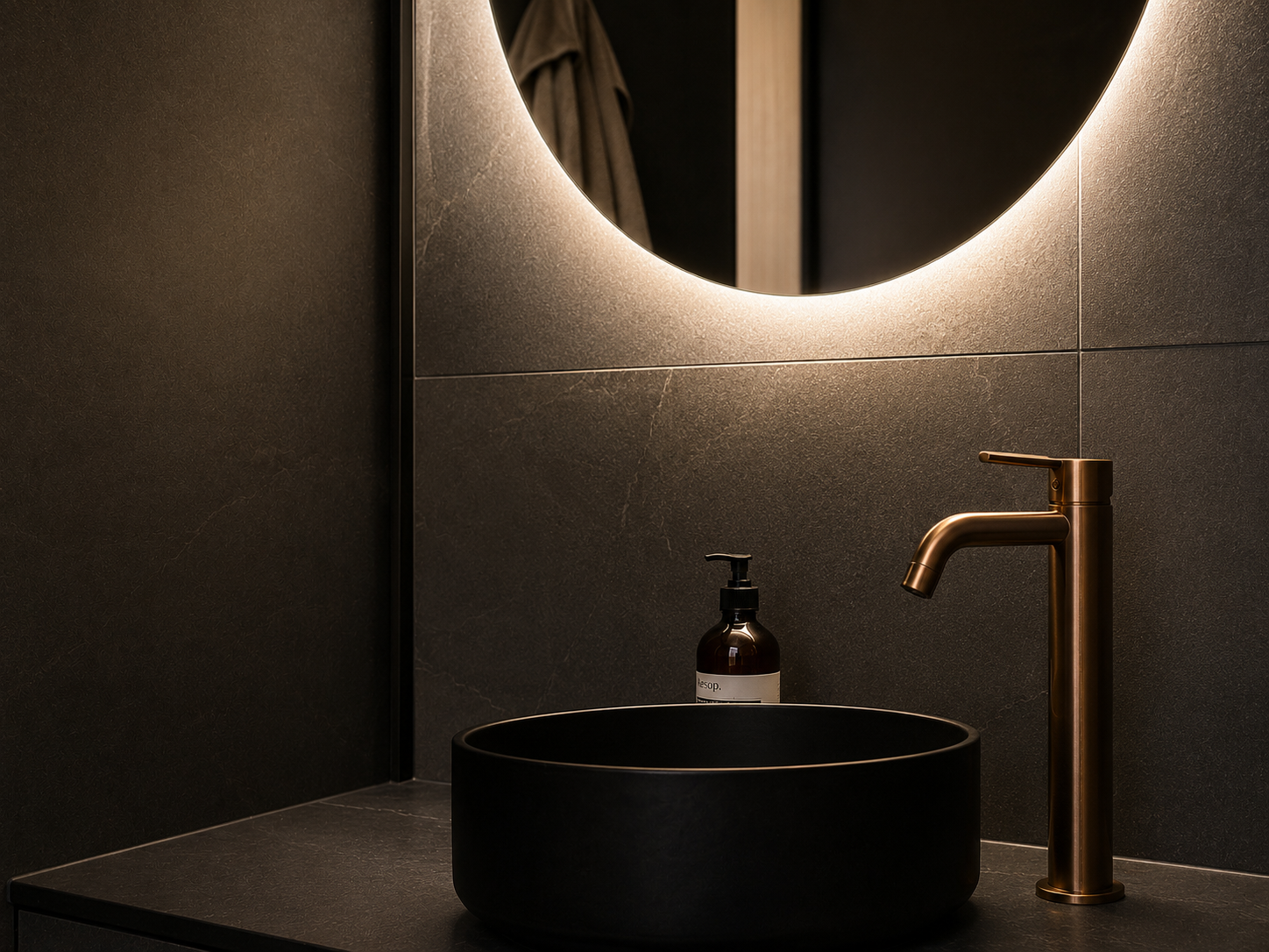 Bathroom detail with a black basin, brass tap and a backlit round mirror