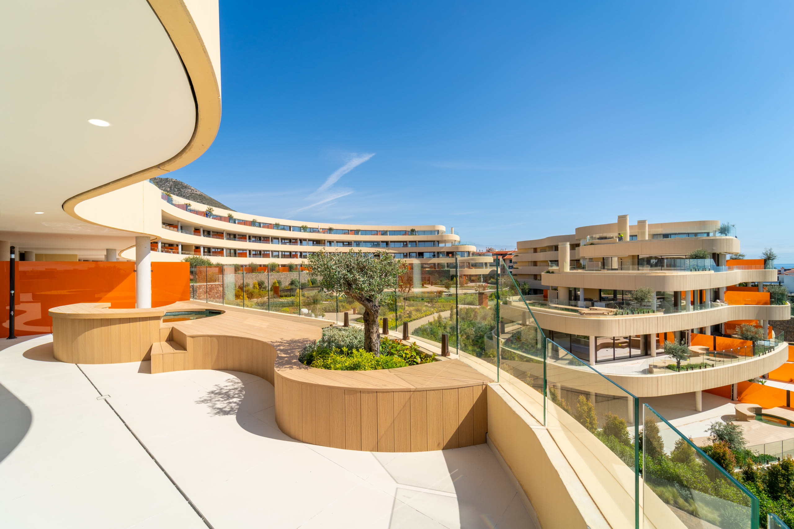 Terrace view across the residences toward the Mediterranean