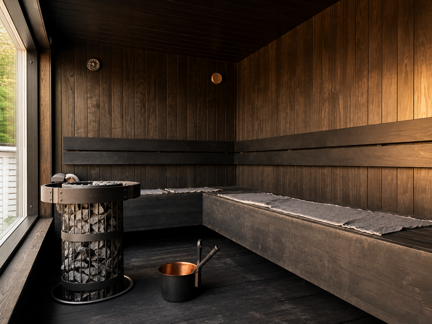 Sauna interior with dark timber benches, a stone-clad stove and a window onto the greenery