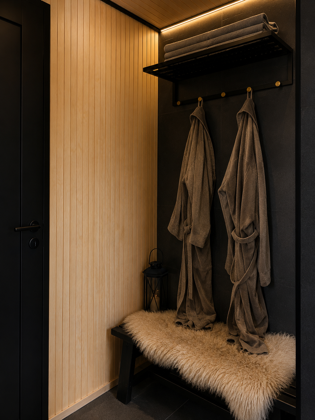 Timber-lined dressing room with linen robes and a lantern