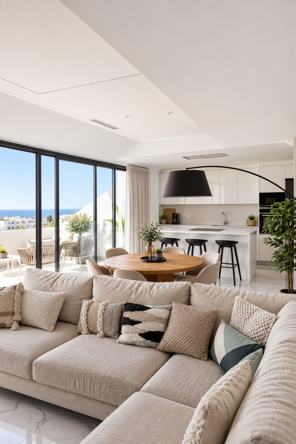Sunlit open-plan living room, dining area and kitchen facing the Mediterranean